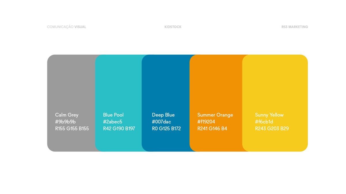 Paleta fechada e nomeada: Blue Pool, Deep Blue, Summer Orange, Sunny Yellow e Calm Grey.
